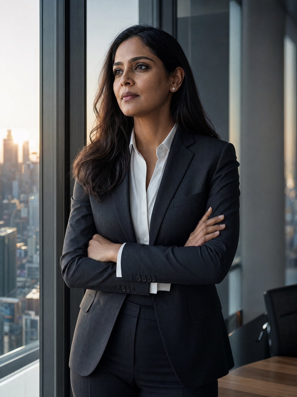 A founder at a floor-to-ceiling window at dusk, arms crossed, city skyline behind
